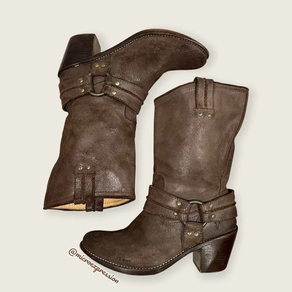 $379 Frye Carmen Harness Motorcycle Brown Leather Mid Calf Pull On Short Boot - Picture 13 of 13